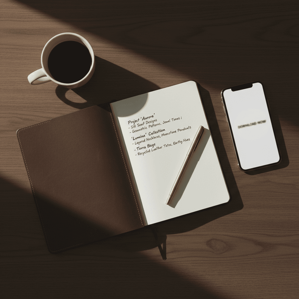 Notebook with digital product ideas on a dark desk